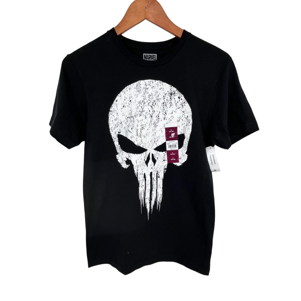 Marvel Punisher T-Shirt Mens Small Black Distressed Skull Graphic Tee NEW
